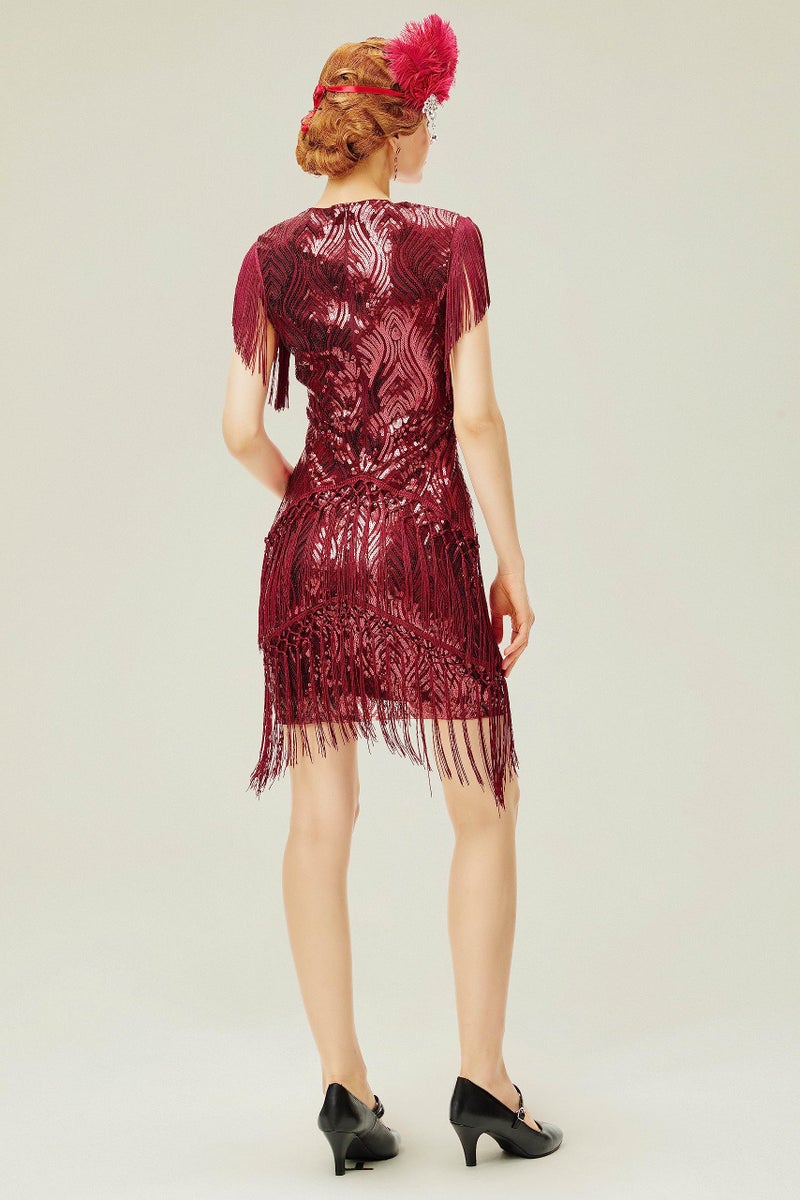 BABEYOND 1920s Flapper Dress Long Fringed Gatsby Sequins Beaded Vintage Art Deco Roaring 20s Wine Red - Image 2